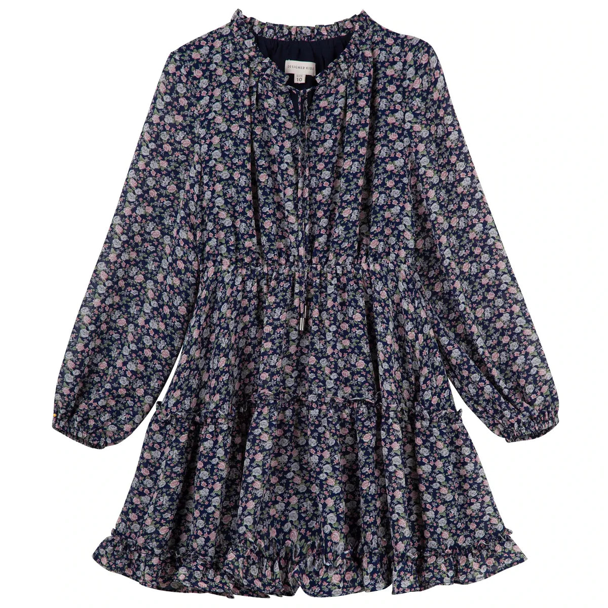 Caitlin L/S Floral Frill Dress — Navy